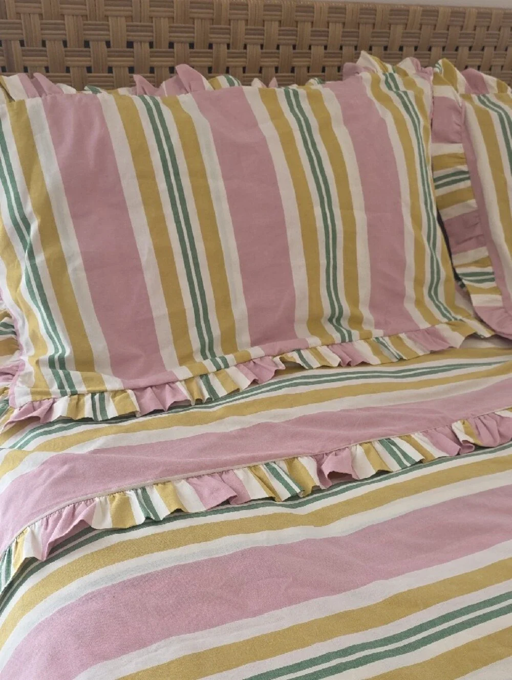 Anthropologie King stripe Ruffle Duvet Cover & Shams in Pink, Green & Mustard